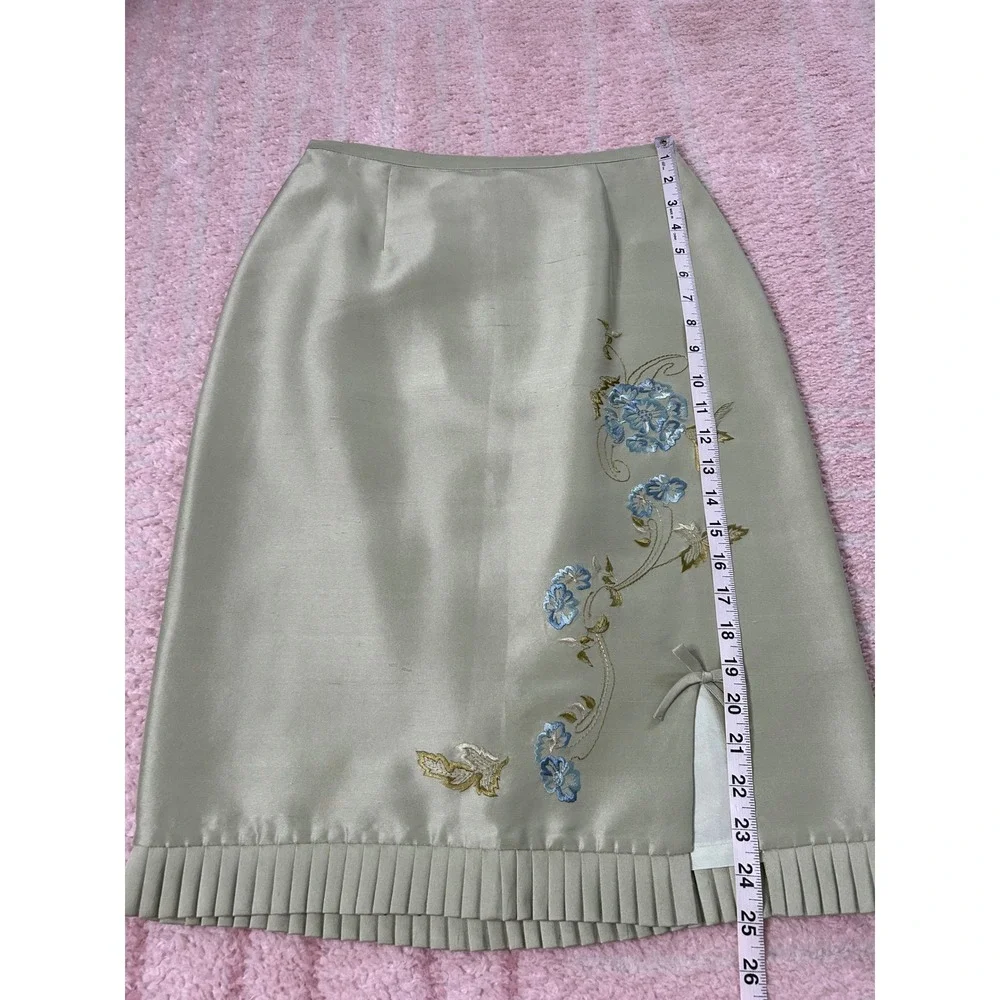 Vintage 90's David Warren Silk Pencil Skirt Floral Embroidery Pleated Trim SZ 6